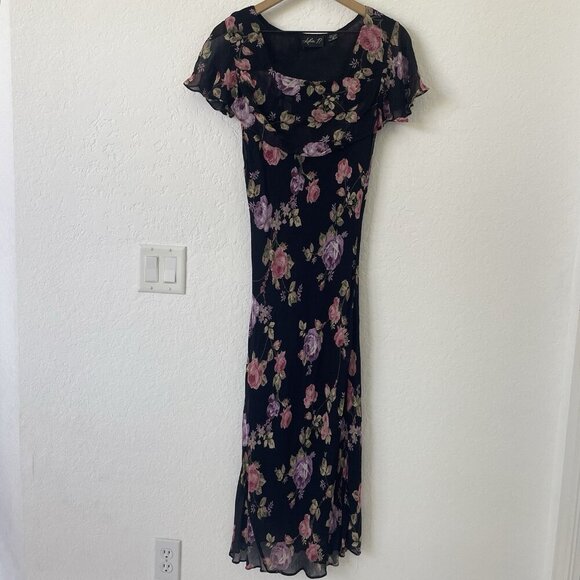 Lola P. Dresses & Skirts - VTG Lola P Womens Y2K 90s Black Floral Maxi Slip Dress Size S Fairy Whimsigoth